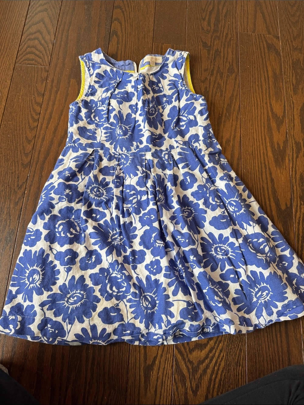 Mini Boden Blue and White Floral Sleeveless Dress with yellow lining